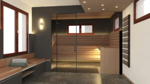 Private Spa-Landschaft mit Sauna und Ruheraum in Bamberg - im Ruheraum mit Blick in die Sauna